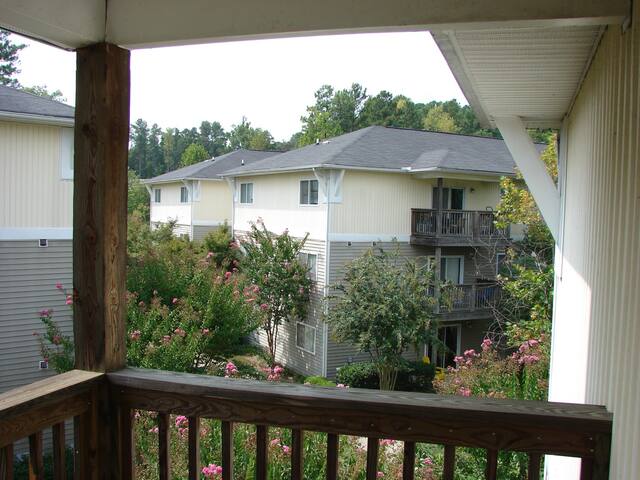 Private balcony overlooking trees at University Commons, Chapel Hill